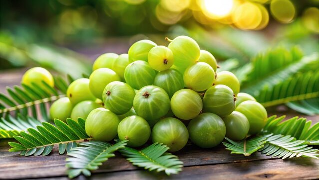 Fresh amla emblica Indian gooseberry fruits arranged in a neat pile on a green leafy vegetable background, with some leaves and stems scattered around , indian gooseberry, veggie background