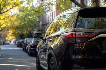 Black SUV parked on city street, autumn leaves. (1)