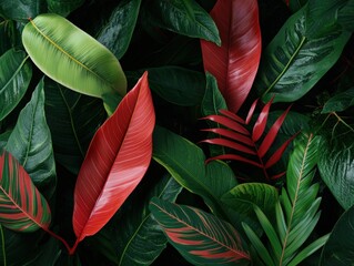 Vibrant Closeup of Tropical Leaves with Rich Green and Red Textures Against Dark Background