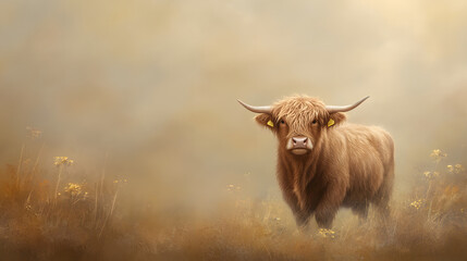peaceful Highland cow stands in misty field, showcasing its signature features