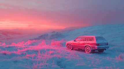 Fototapeta premium A car with frost patterns on its mirrors, parked on a snowy hill 