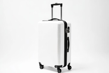 White hard-shell suitcase with black accents, wheels, and handle, isolated on white background.