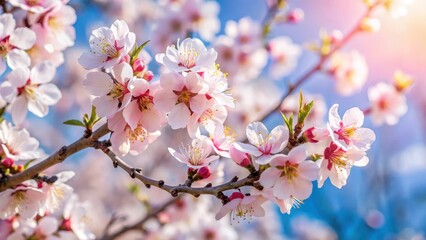 Naklejka premium Apricot blossom tree covered in delicate pink and white flowers, blooming against a clear blue sky with a subtle haze , apricot blossoms, blossoming trees