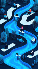 Diverse Group of Professionals Working in an Artistic Landscape with a Flowing River and Lush Greenery