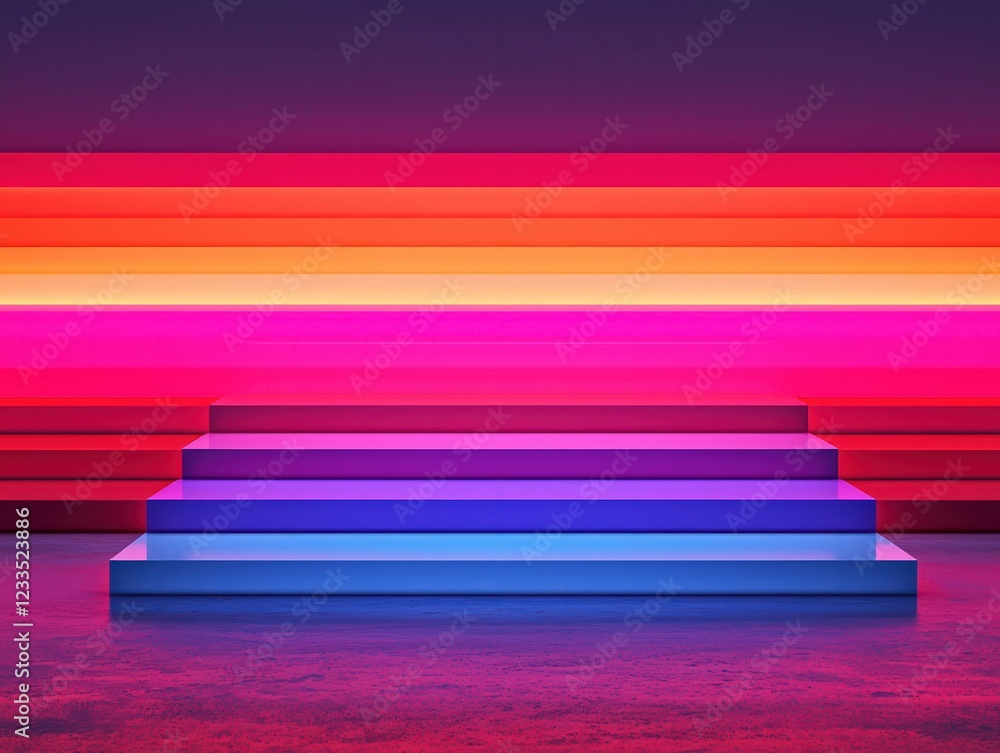 Poster vibrant neon gradient background with layered stairs and illuminated segments