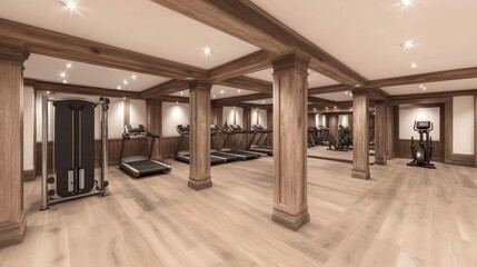 Naklejka premium Luxurious Fitness Center Interior Design with Wood Accents