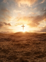 serene sunset scene featuring cross on grassy hill, symbolizing hope