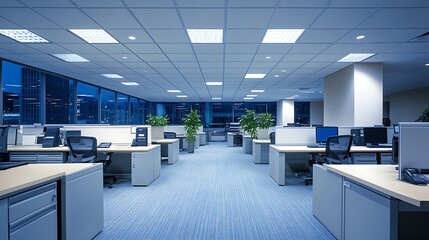 Empty office with desks and city lights in background