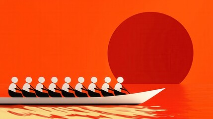Rowing Team Silhouette Against Vibrant Sunset with Large Orange Sun Over Calm Water Surface