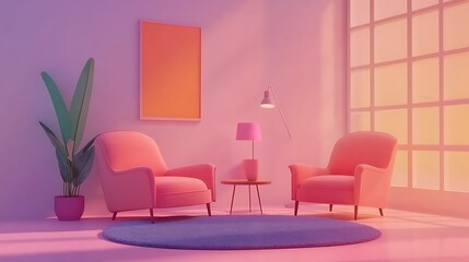 Pink Living Room With Two Armchairs And A Plant