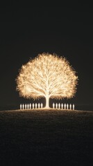Enchanted luminous tree surrounded by human silhouettes in a dark landscape during a mystical night scene