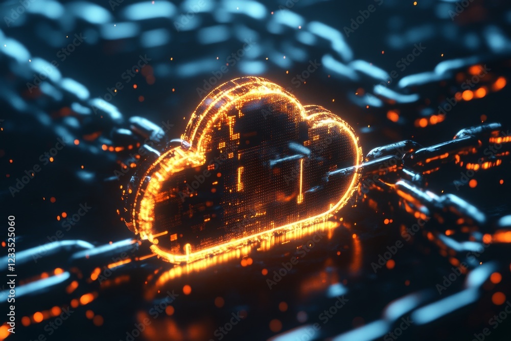 Poster a glowing cloud symbol connected by chains, representing secure digital storage and data connectivit