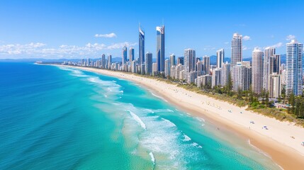 Naklejka premium Coastal View of Gold Coast with Skyscrapers and Waves