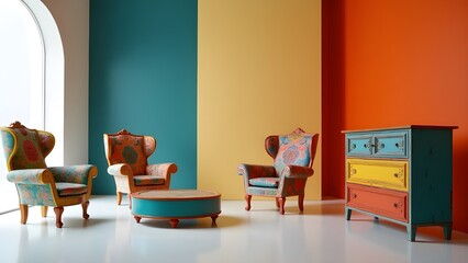 Vividly painted furniture pieces against contrasting walls