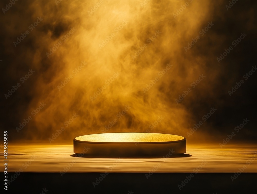 Poster a golden circular platform surrounded by mist, perfect for showcasing products or creating a dramati