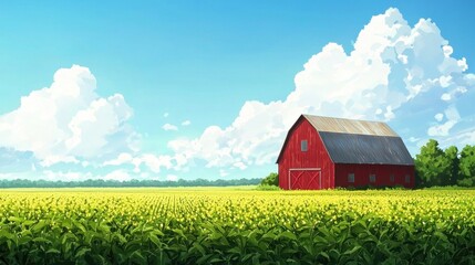 Obraz premium Serene Summer Day in the Countryside: A Red Barn Amidst a Field of Yellow Flowers