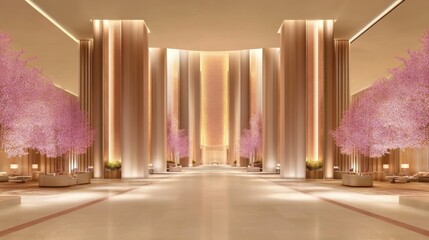 Luxurious Hotel Lobby with Pink Blossoms and Elegant Design