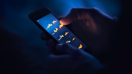 Hands hold a smartphone displaying stock market data and charts in a dark environment, illuminated by blue light, emphasizing mobile trading and investment.