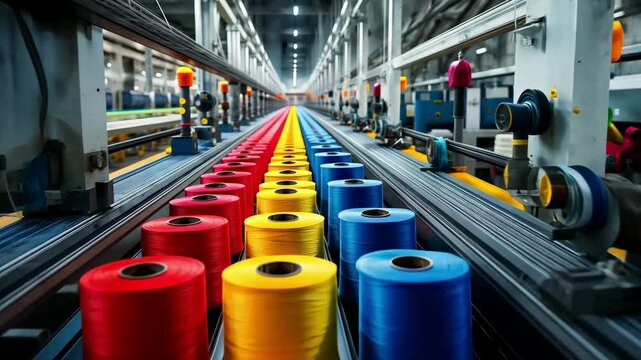 The modern production line a large machine churns out spools of colored string, Industrial factory of string	
