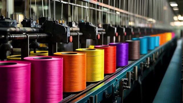 The modern production line a large machine churns out spools of colored string, Industrial factory of string	
