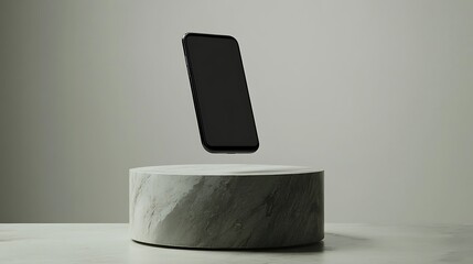 Floating phone on stand, studio shot, mockup use