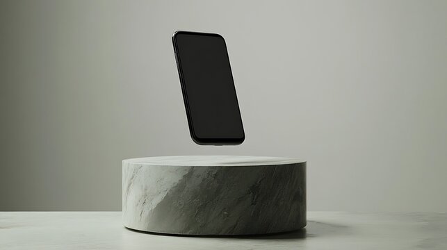 Floating phone on stand, studio shot, mockup use