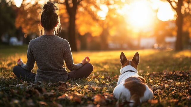 Woman meditating in park with dog at sunset, promoting mindfulness and connection
