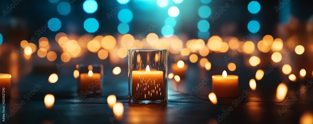 Poster a serene atmosphere created by glowing candles, casting a warm light and adding a calming presence t