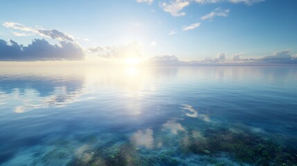 Fototapeta premium A serene landscape depicting calm ocean waters reflecting a bright sunrise against a clear sky, evoking peace and tranquility.