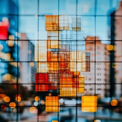 Obraz premium Abstract Cityscape Geometric Cubes Urban Grid Window View Modern Architecture Build