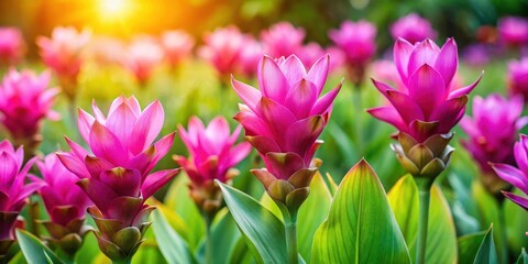 Fototapeta premium Vibrant Siam tulip flowers in full bloom, with cup-shaped petals and slender stems , colorful, garden, colorful, garden, foliage