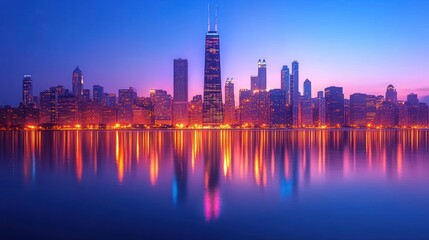Obraz premium Cityscape sunrise reflection, lakefront, urban panorama, travel