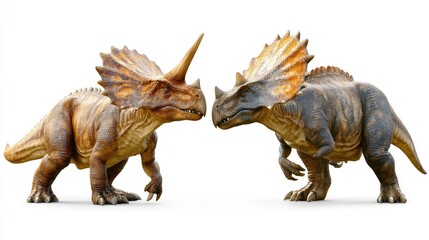 Two Realistic Dinosaurs Facing Off on a Plain White Background for Educational Purposes