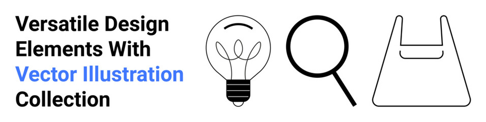 Outline designs of a light bulb, magnifying glass, and shopping bag in black. Ideal for sustainability, research, shopping, energy themes, marketing materials, infographics educational content flat
