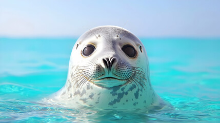 Fototapeta premium Seal pup in turquoise ocean, sunny day. Wildlife nature photography for websites, books