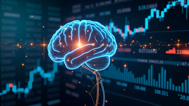 "A glowing digital brain processing financial data, stock charts, and algorithmic trading codes, symbolizing AI-driven market intelligence and automated decision-making."