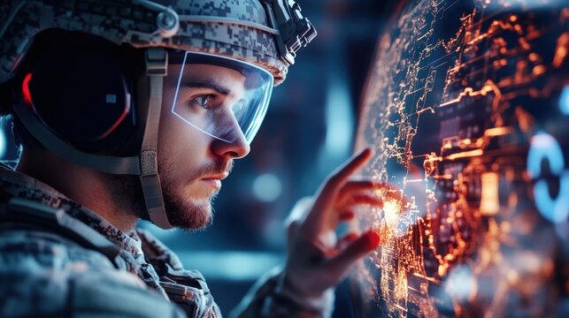 A soldier operating a holographic battlefield map, planning strategies with glowing 3D terrain models