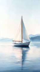 Fototapeta premium serene sailboat gliding across calm waters with mountains in background