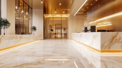 Luxurious modern hotel lobby interior with marble floor and reception desk.