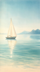 Fototapeta premium serene watercolor of sailboat gliding across calm waters, reflecting mountains