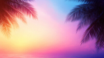 Colorful sunset over ocean with palm trees framing scene