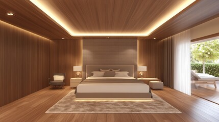 Luxurious Modern Bedroom with Wooden Walls and Patio Access
