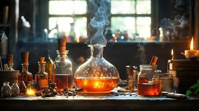 Magical potion brewing In a witch workshop, Glowing potion and magical ingredients	
