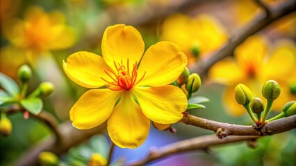 Obraz premium Close-up of vibrant yellow Ochna integerrima flower, flora, outdoor, flora, outdoor, macro, garden, tropical, leaves, ochna