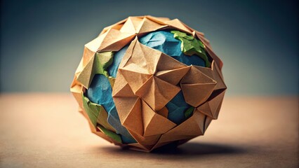 A delicate origami Earth made from recycled paper with intricate details and textures , paper craft, art,  paper craft, art
