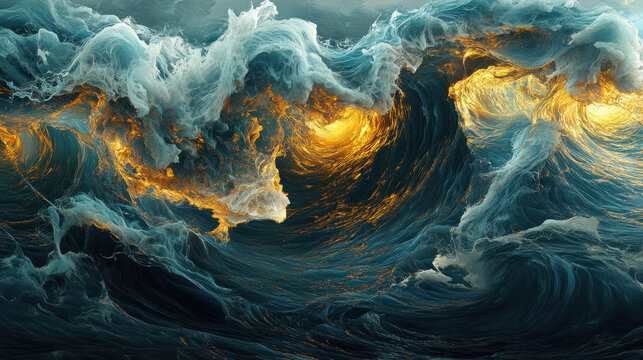 A striking visual of golden filaments merging with deep cyan waves, a poetic interplay of light and texture, suspended in a tranquil solid background