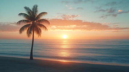 Fototapeta premium A serene beach scene at sunset, featuring a palm tree and calm ocean waves.