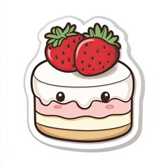 A cute sticker of a strawberry shortcake with a smile on a white background