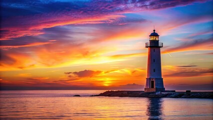A lone lighthouse stands tall against a warm golden sunset in the dusk sky with soft pink and orange hues fading into deep blues and purples , sunset, golden hour