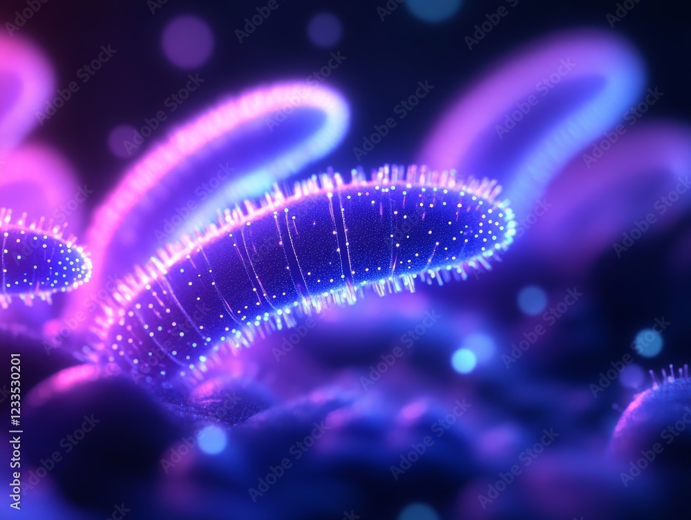 Poster a vibrant close-up of colorful microorganisms illuminated in neon hues, showcasing intricate details